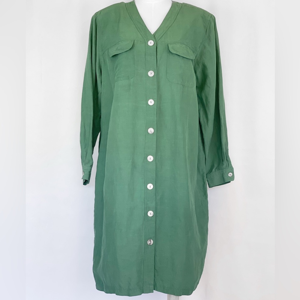 VTG Silk+Linen Teal Long Sleeve Shirt Dress